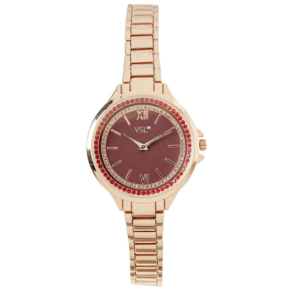 Montre ronde métal rose doré déco strass