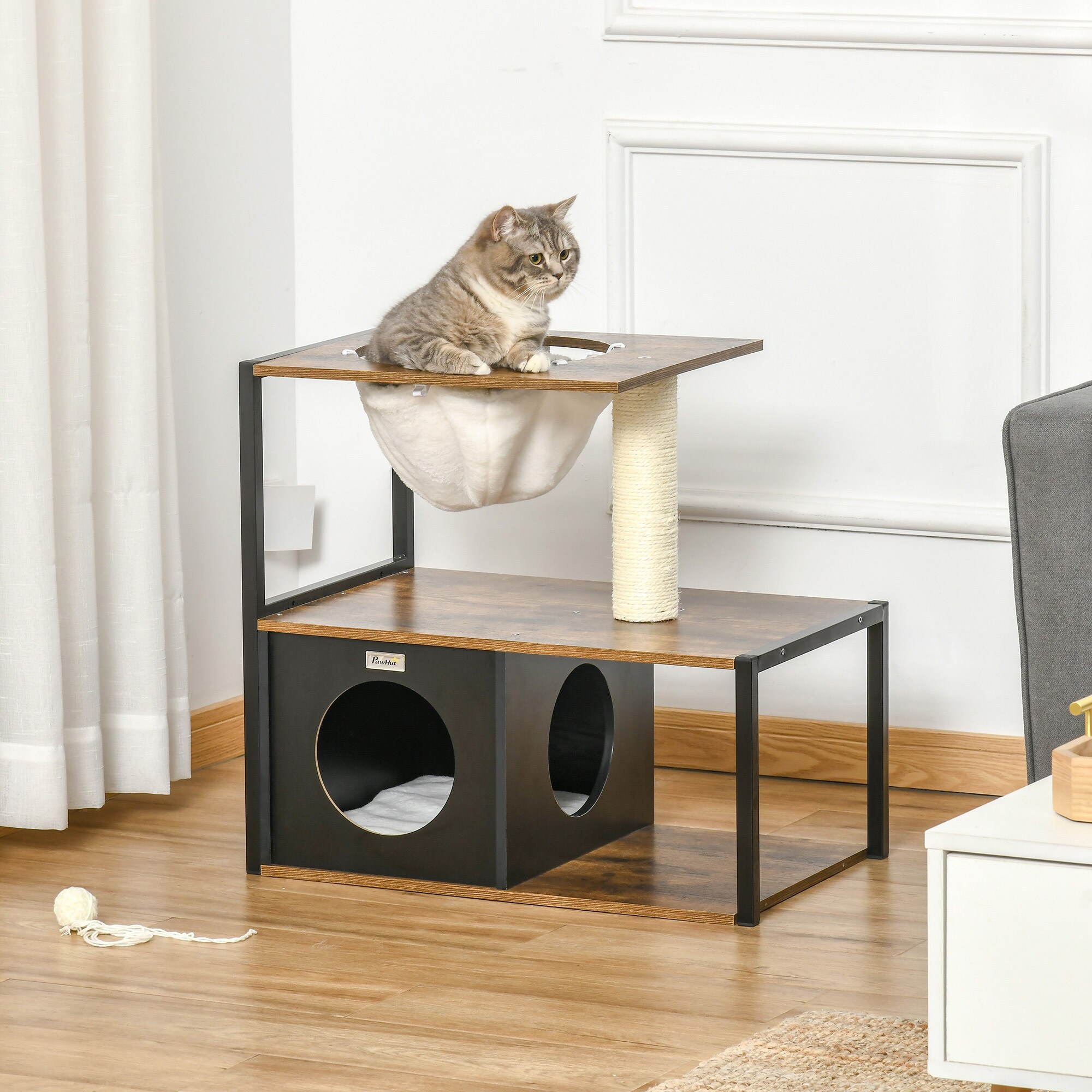 PawHut Katzenhaus mit Kratzstamm schwarz, natur 64L x 40B x 60H cm