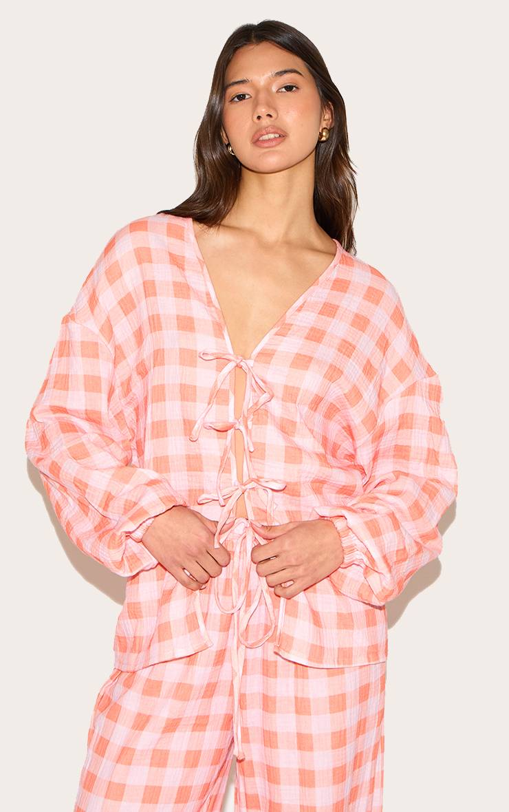 Orange Ensemble Chemise À Carreaux En Gaze De Coton À Manches Longues Avec Nœud Devant