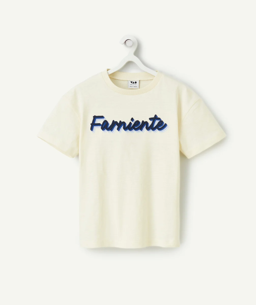t-shirt manches courtes garçon en coton bio jaune avec message brodé