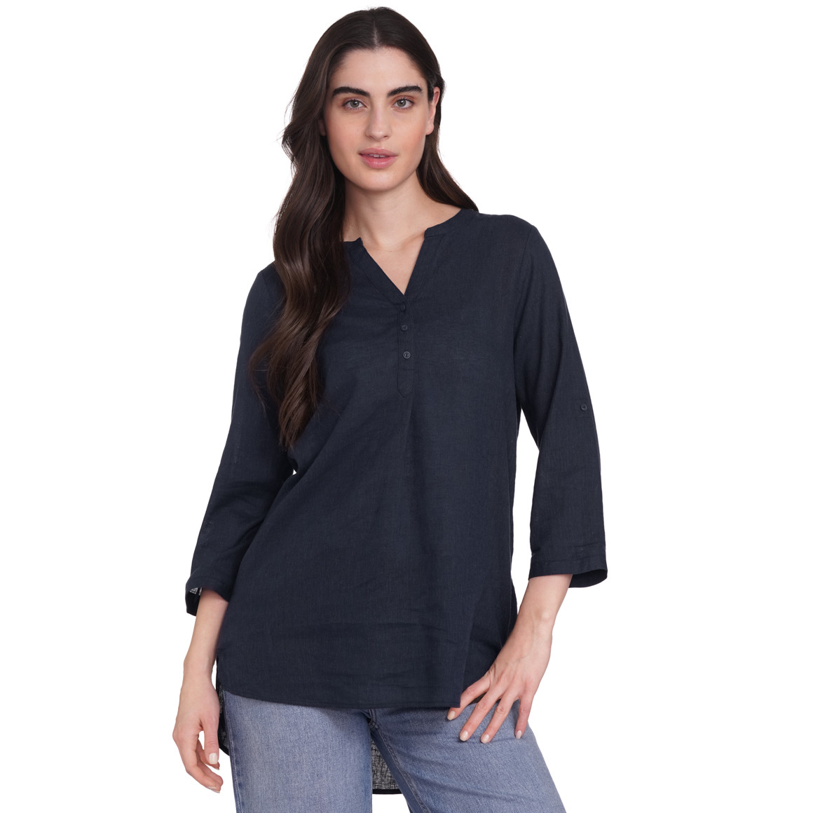 Gina Damen Leinen-Bluse mit Serafino-Ausschnitt dunkelblau