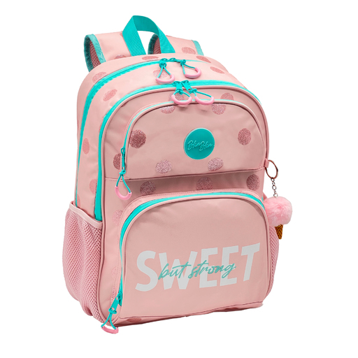 Mochila escolar Blin-blin Dots com dois compartimentos + carrinho para brinquedos com 4 rodas giratórias