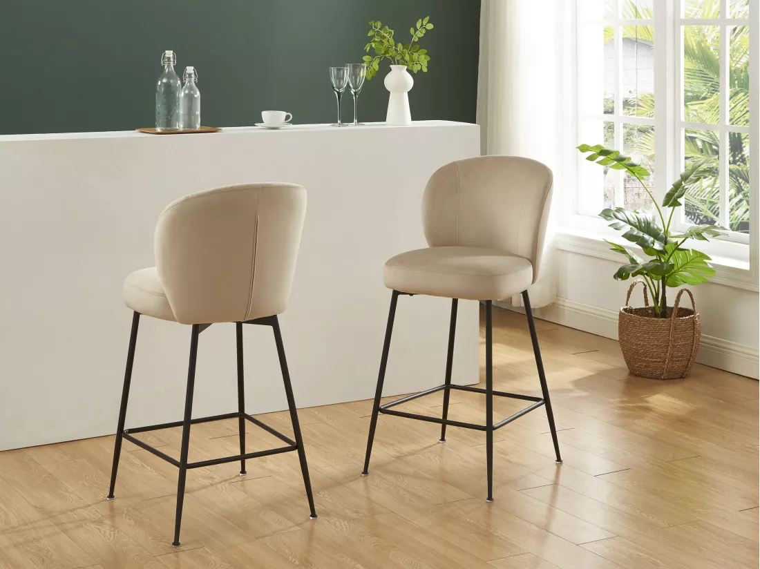 Lot de 2 tabourets de bar en velours et métal noir - Beige - POLPONA de Pascal MORABITO