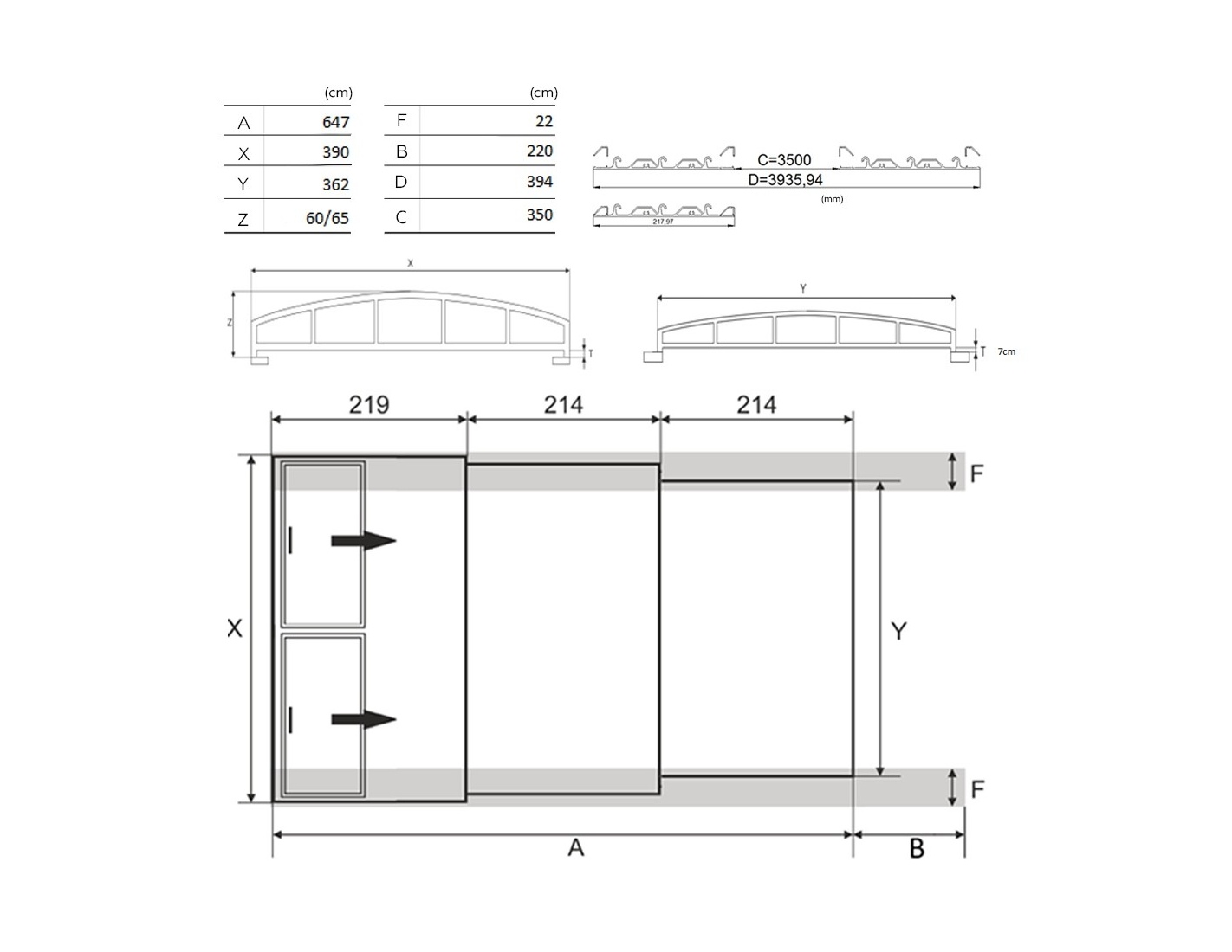 Abri de piscine skyline - 6,47x3,50 m - polycarbonate alvéolaire 8 mm - couleur ral7016 graphite