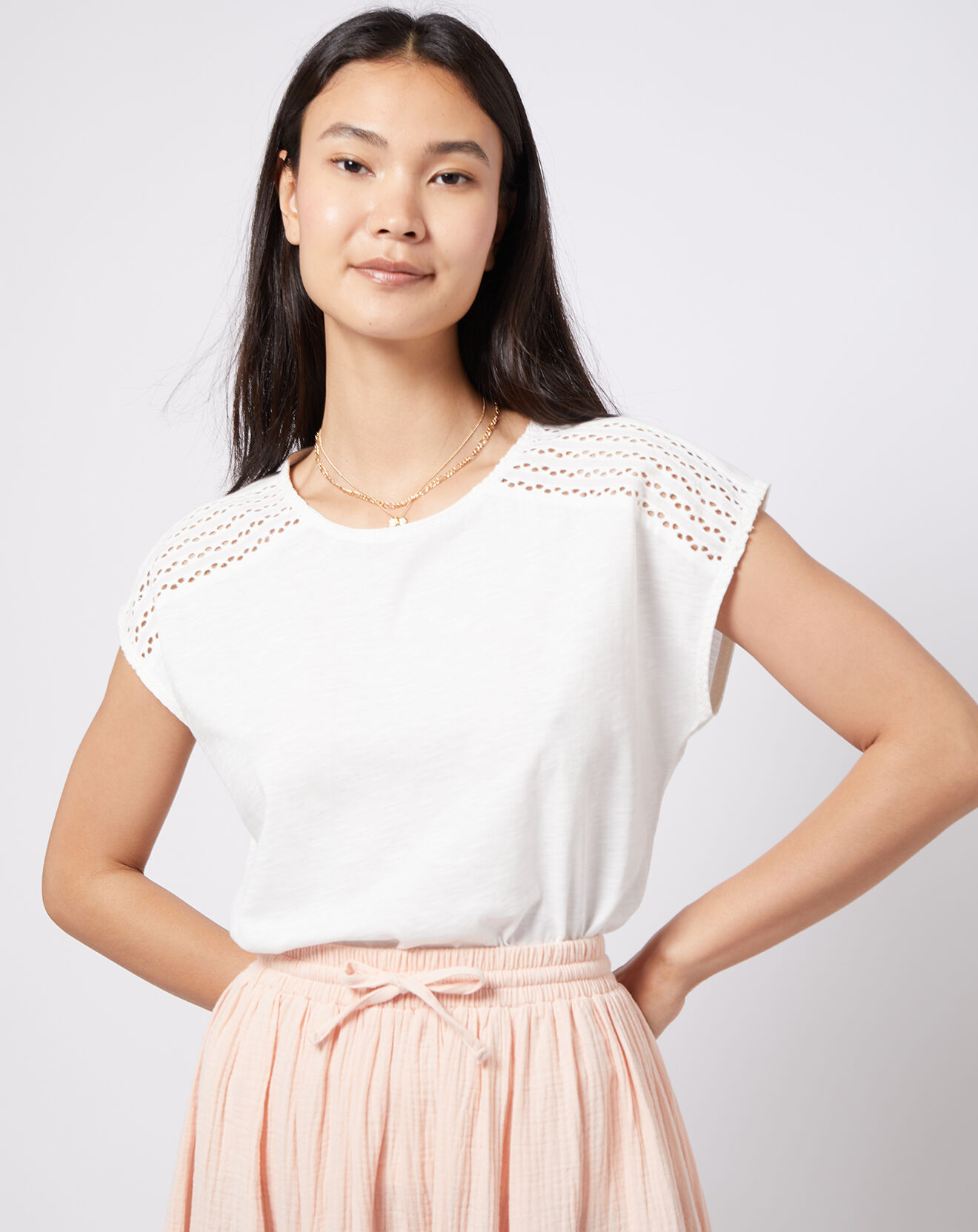 Esprit Top en Coton mini broderie épaule blanc