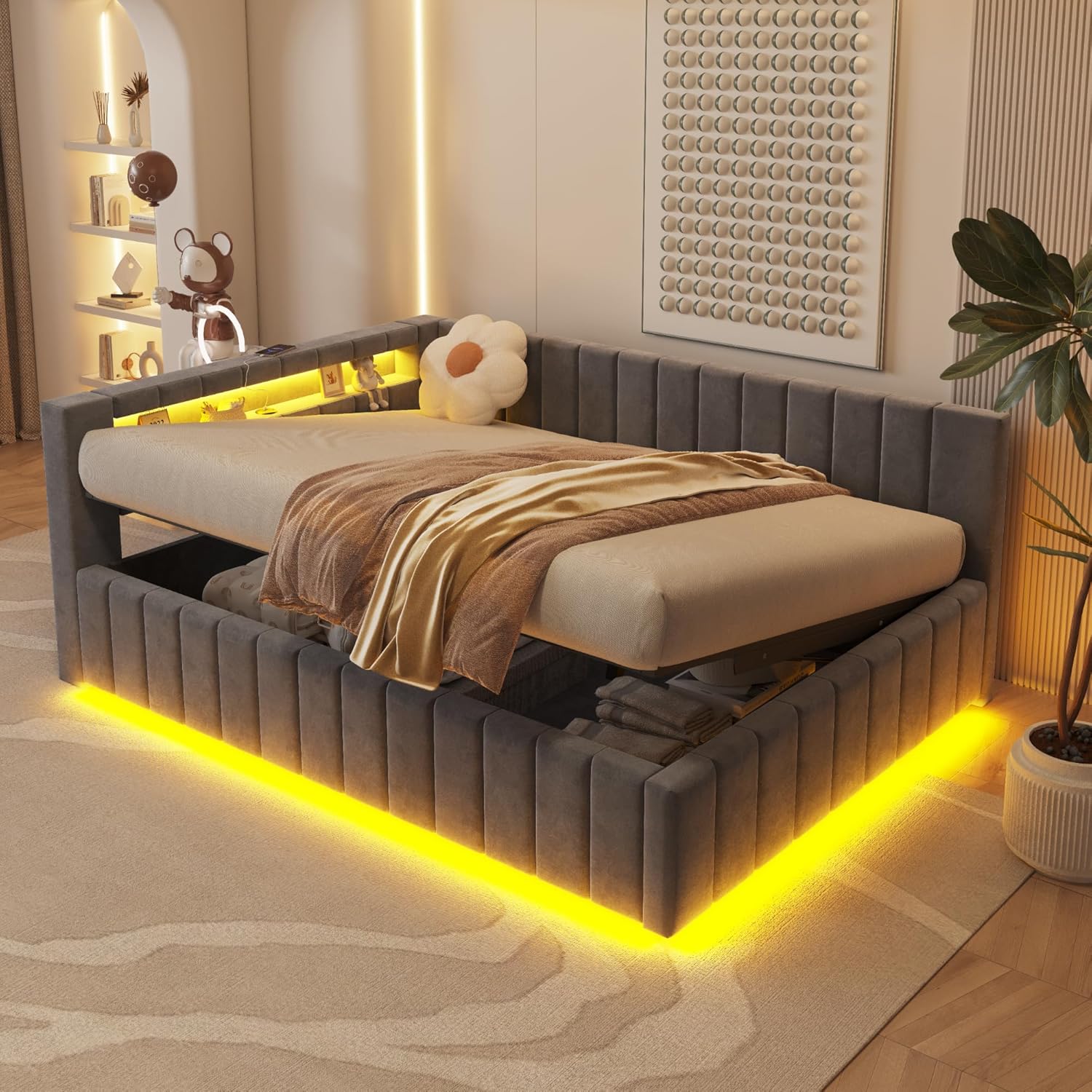 Polsterbett Schlafsofa 140x200, Doppelbett mit Hydraulischem Stauraum, mit LED-Licht und USB-Ladefunktion, Tagesbett Jugendbett mit Lattenrost, Samtstoff, ohne Matratze, Grau BN1838502