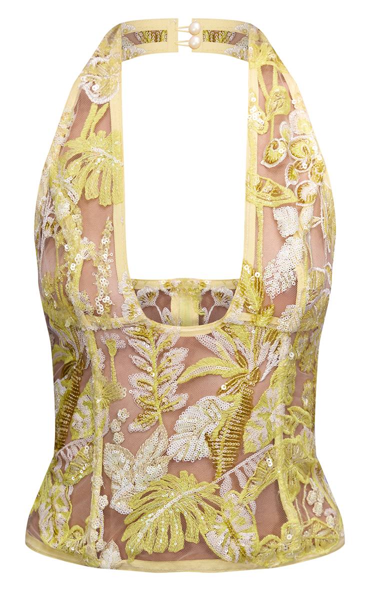 Jaune Haut Dos Nu À Sequins Floraux Et Col Licou