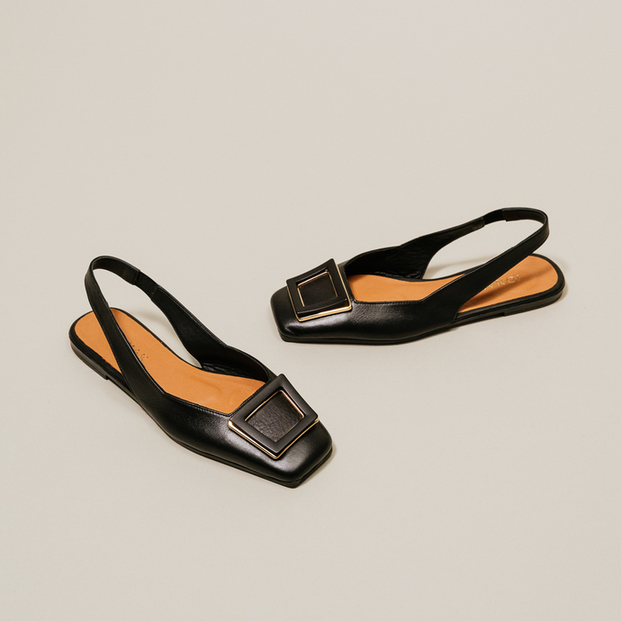 Ballerines slingback à bouts carrés  en cuir noir