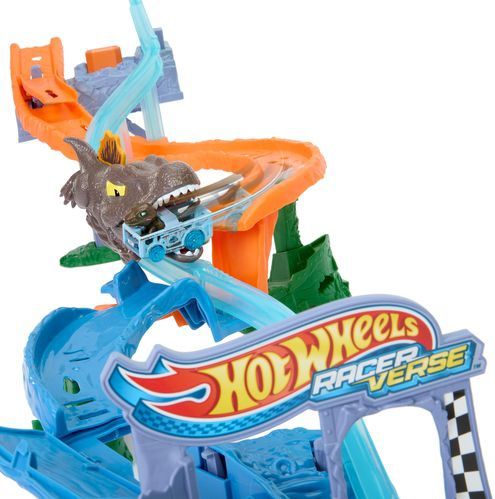 Hot Wheels - RacerVerse - Baanset - Speelgoedauto's - Metalen Velociraptor Voertuig - Dinosaurusrace met Spinosaurus
