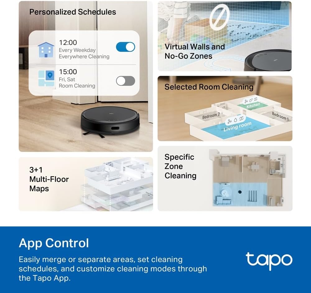 TP-Link Tapo RV20 Max Plus 5300Pa Saugroboter mit MagSlim™ LiDAR Navigation, ultradünnem Design, Auto-Leer-Dock, intelligenter anpassbarer Reinigung und Sprachsteuerung