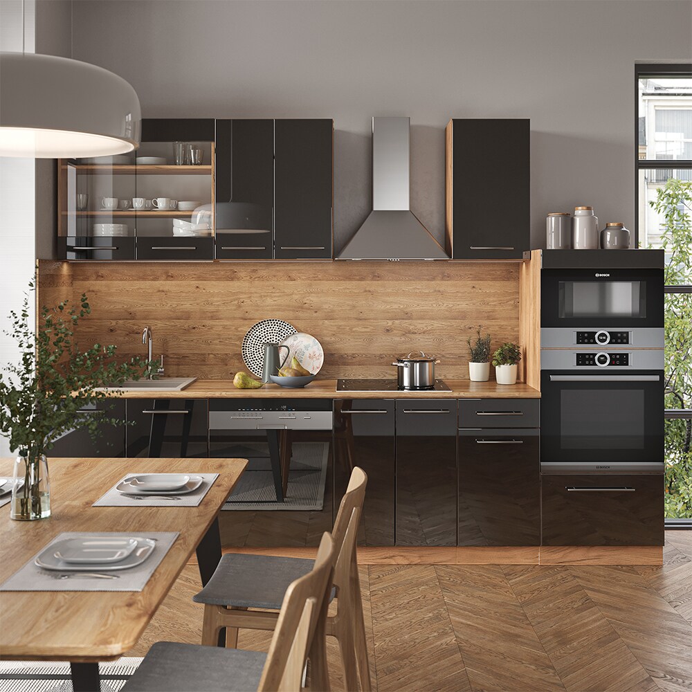 Vicco Küchenzeile Küchenblock Einbauküche Fame-Line Eiche Anthrazit 300 cm modern Küchen Schränke Schubunterschrank Unterschrank Spülenunterschrank Hängeschrank Mikrowellenschrank Geschirrspülerblende