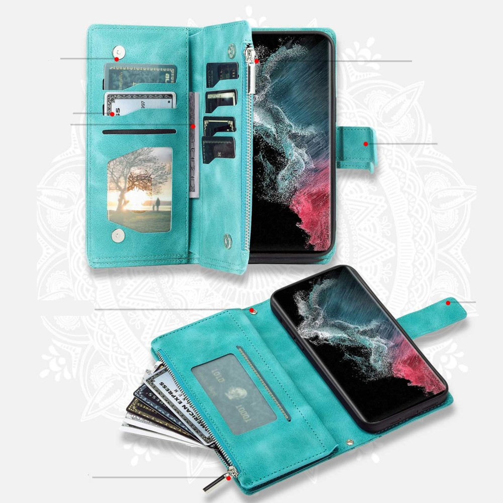 Samsung Galaxy S23 Ultra 5G Leder Tasche Flip Cover mit Reissverschluss - Mandala Flowers Imprint - Türkis
