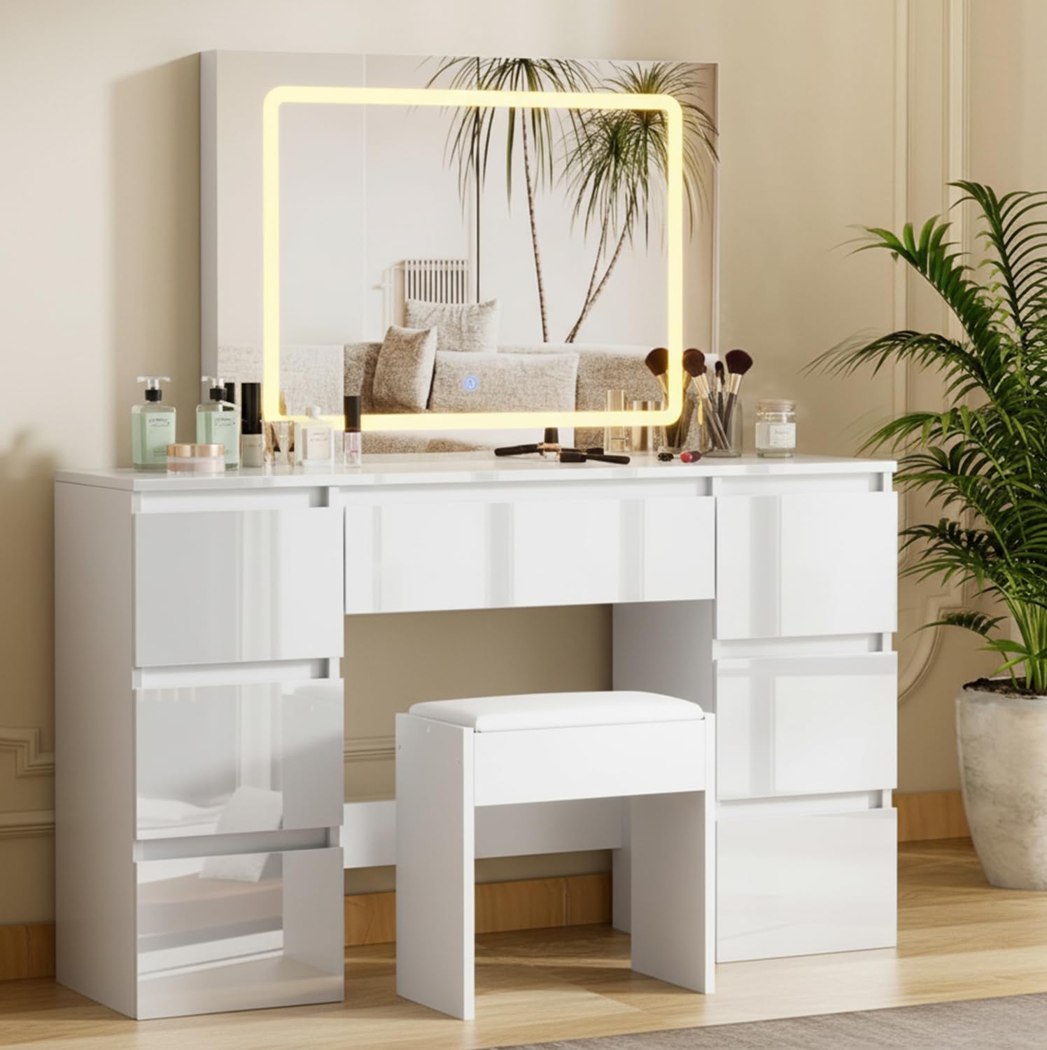 Schminktisch mit Spiegel und Hocker, 7 Schubladen, Weiß Hochglanz, Frisiertisch mit LED Beleuchtung, Make-up Tisch für Schlafzimmer, Schminktisch Set für Damen und Mädchen (Weiß)