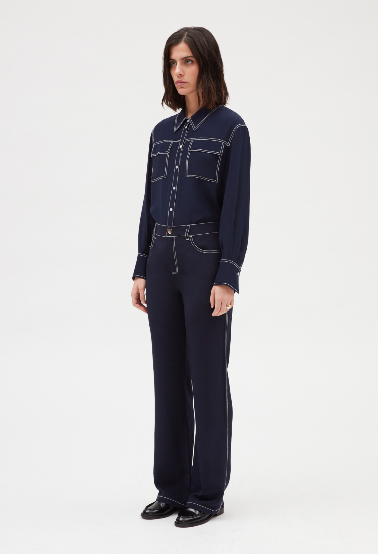Chemise soie manches longues bleue