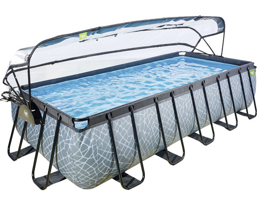 EXIT StonePool rechthoekige opzetzwembadset 540x250x122 cm inclusief zandfiltersysteem, ladder & afdekking met steenlook