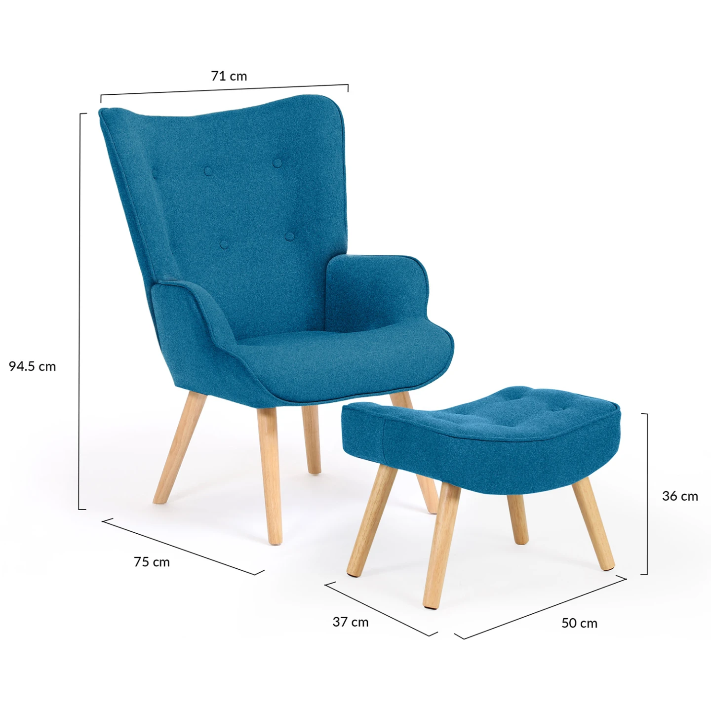 Fauteuil scandinave IVAR avec repose pieds bleu canard