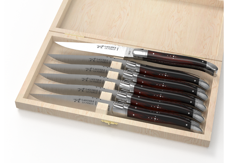 Service de 6 couteaux Laguiole avec un manche en bois de fer et mitres en acier inoxydable
