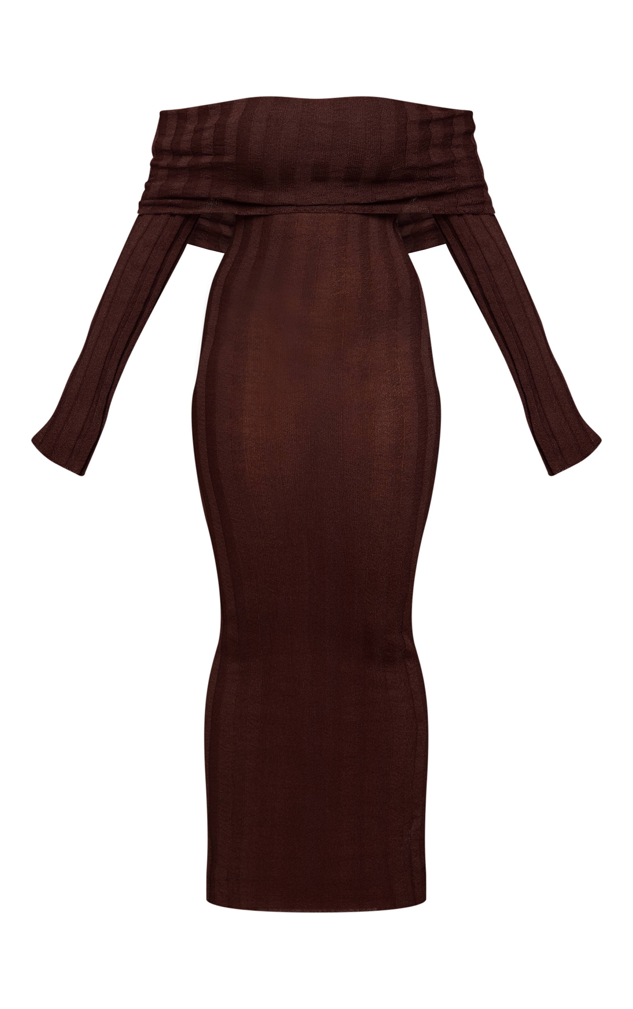 Chocolat Robe Maxi Côtelée Bardot À Revers Shape