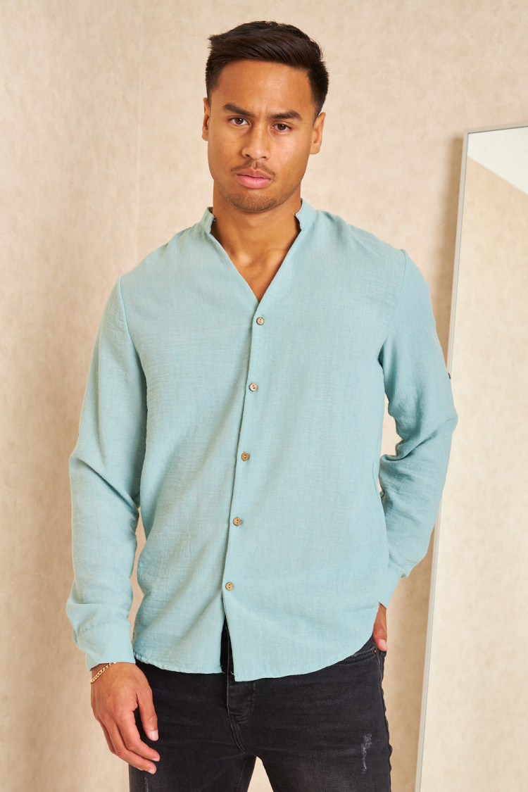 Chemise fluide col V mao texture lin vert d'eau