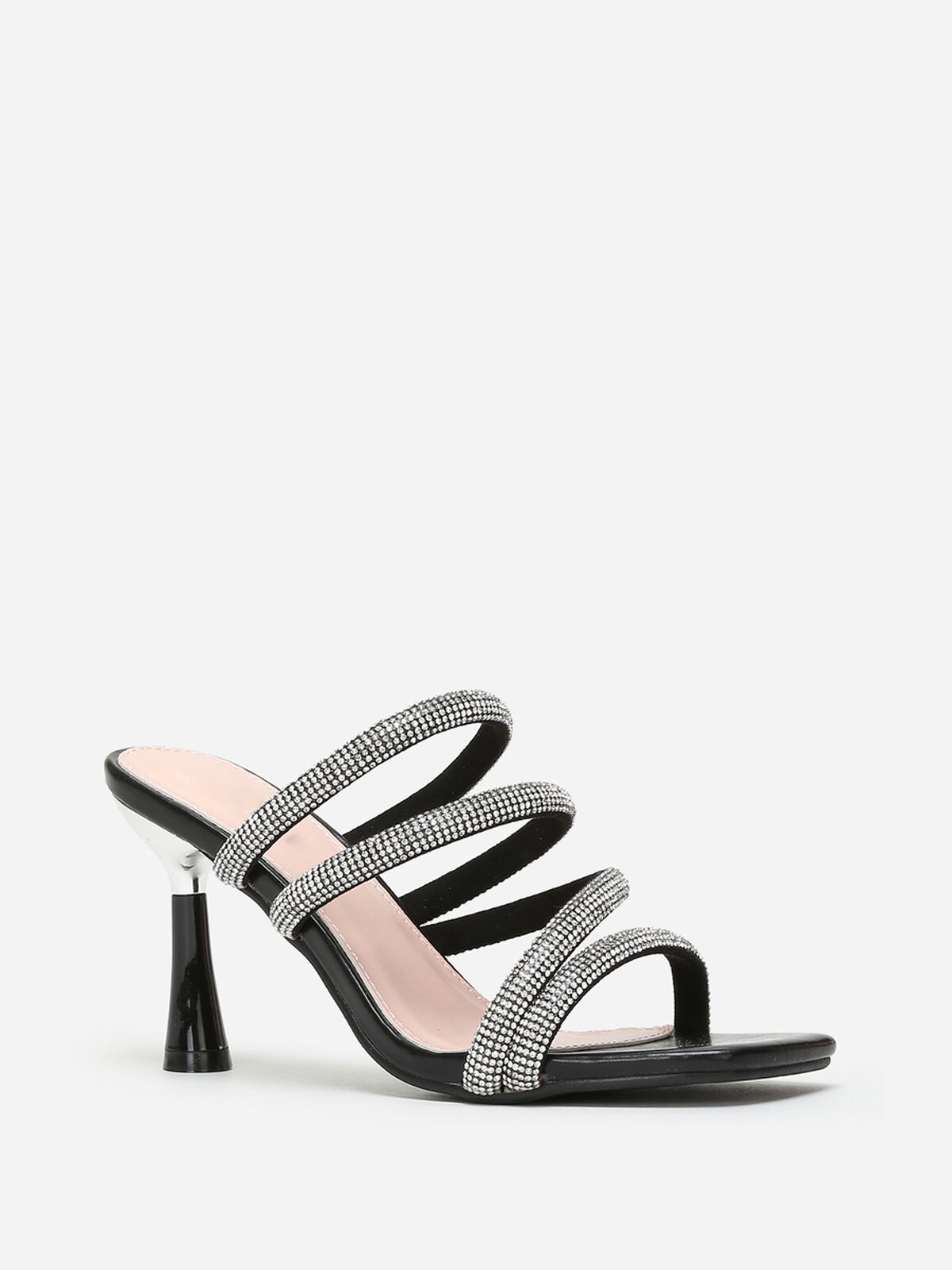 Mules à talon bobine et brides à strass- Noir