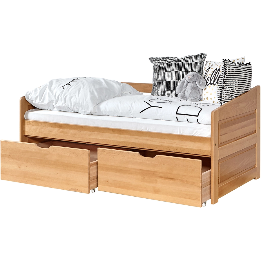 TiCAA Sofabett Mini Micki Buche natur mit 2 Schubladen inkl. Matratze