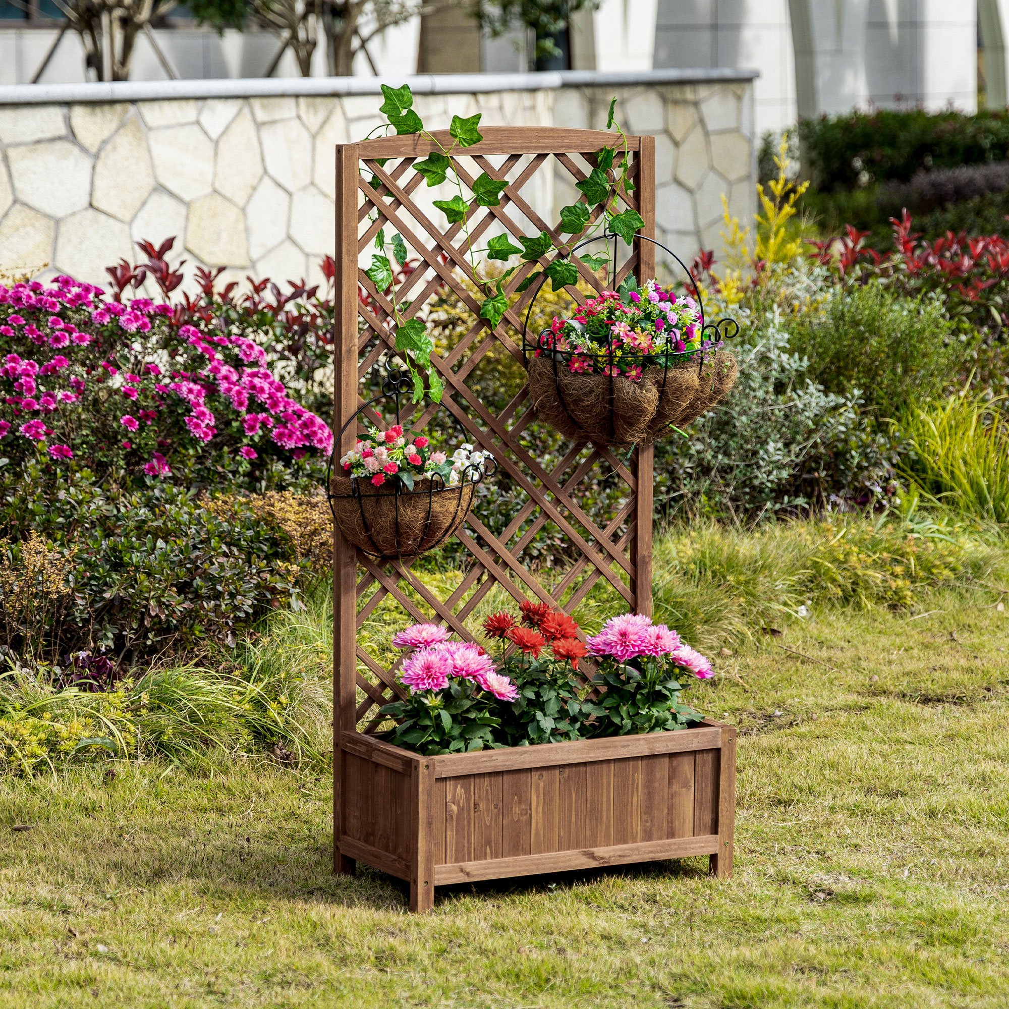 Vaso de treliça Outsunny, vaso de madeira com suporte para plantas trepadeiras, ideal para terraço, jardim e varanda, 60x30x122,5 cm, cor natural.