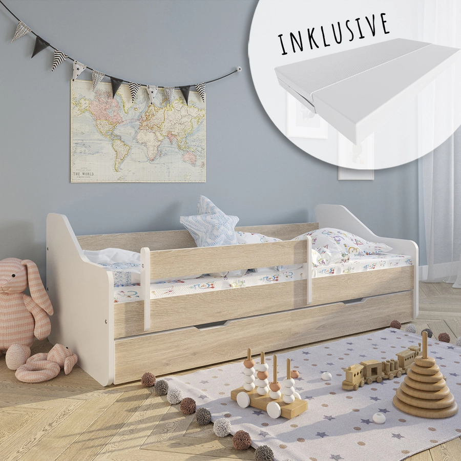 Kids Collective Kinderbett 80x160 | 80x180 cm mit Rausfallschutz & Lattenrost natur mit Schubl. und Matratze