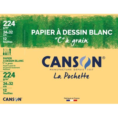 Canson C à grain - Pochette papier à dessin - 12 feuilles - 24 x 32 cm - 224 gr - blanc