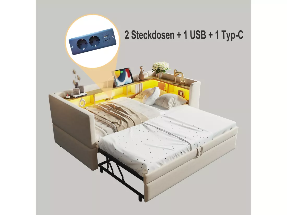 Canapé convertible capitonné 90/180x190 cm - avec éclairage LED - avec prise - multiples rangements - beige (matelas non inclus)