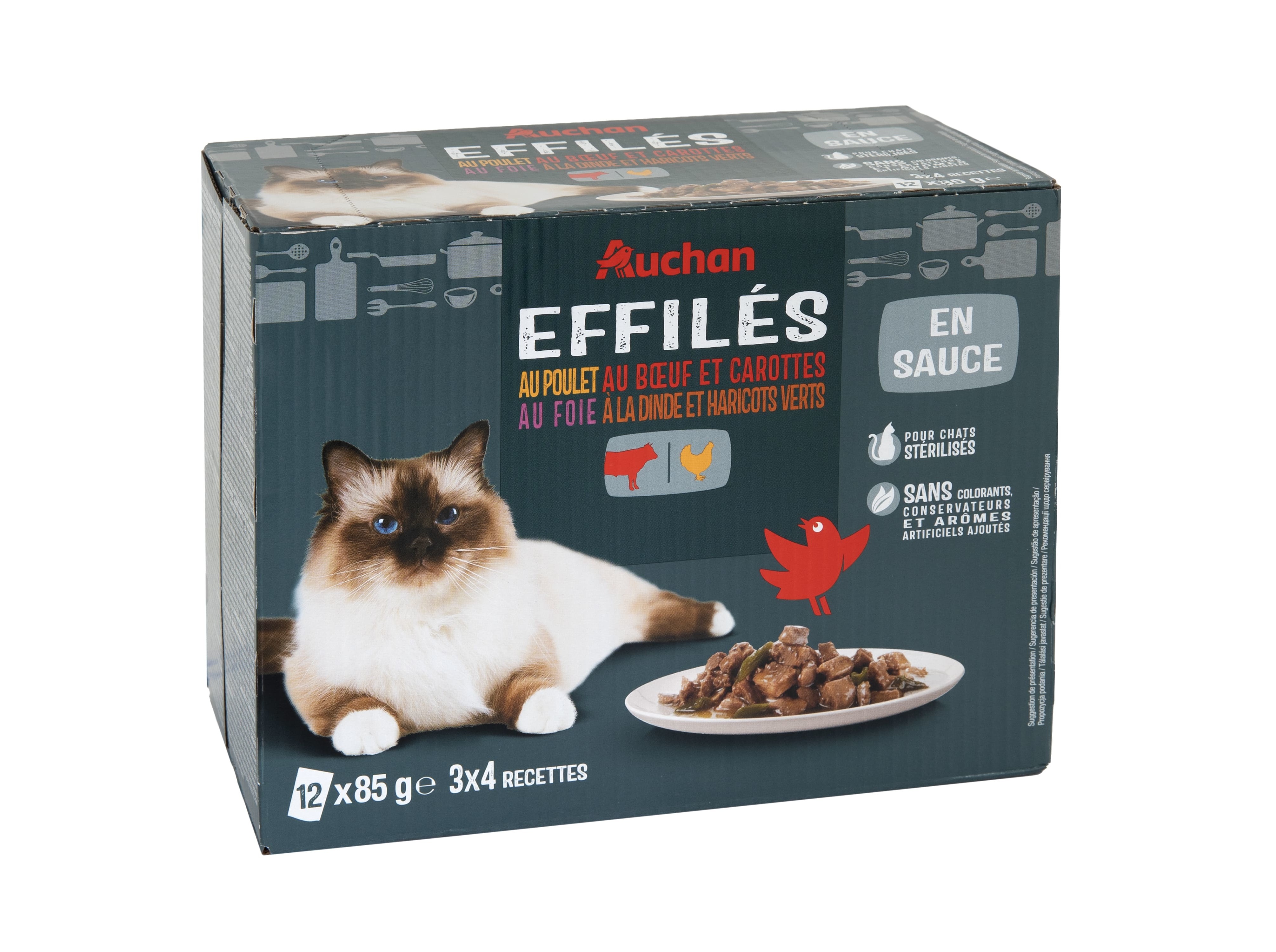 COMIDA HÚMIDA PARA GATO AUCHAN ESTERILIZADO SAQUETAS CARNES 12X85G