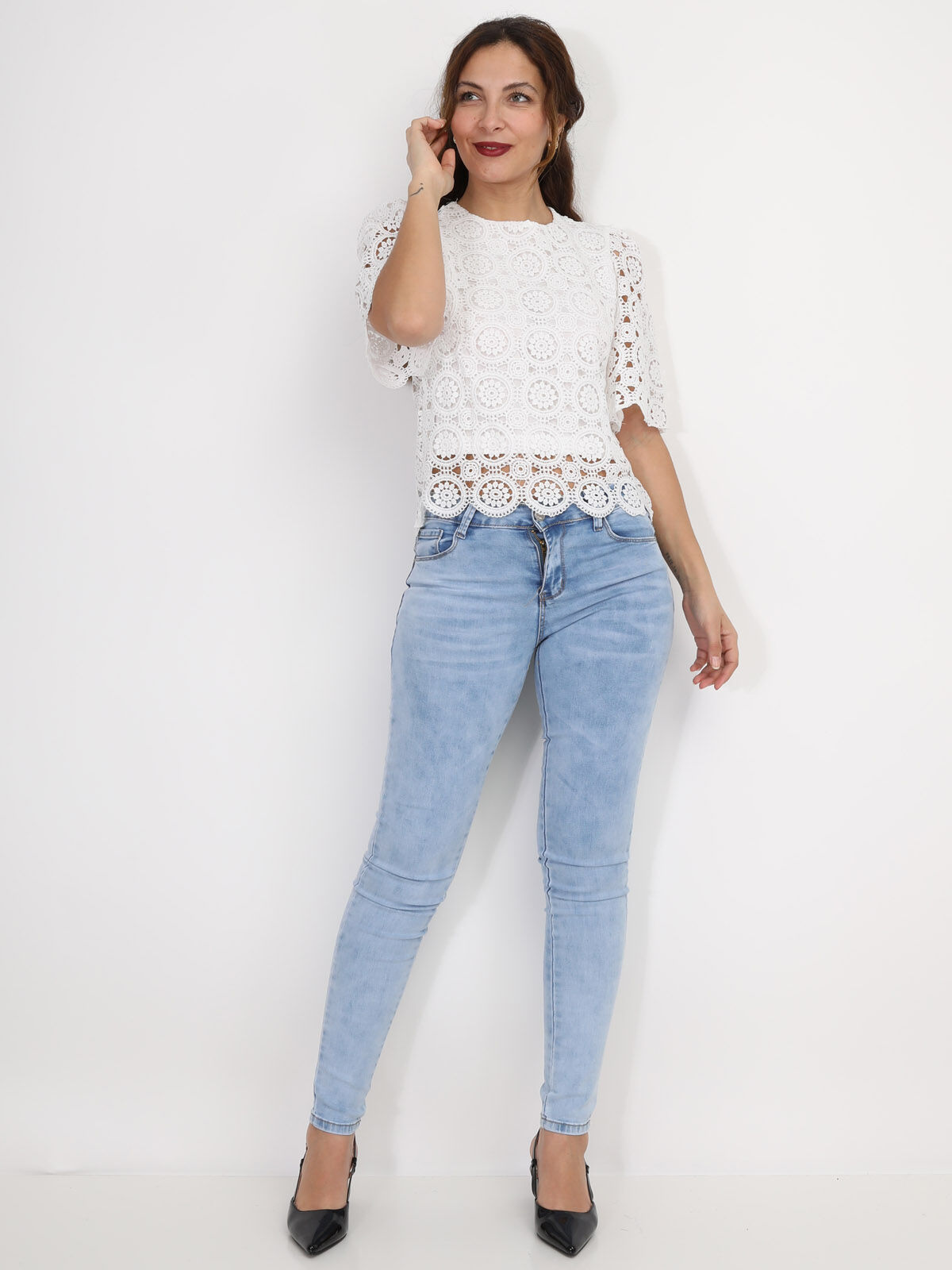 Top en dentelle crochet florale- Blanc