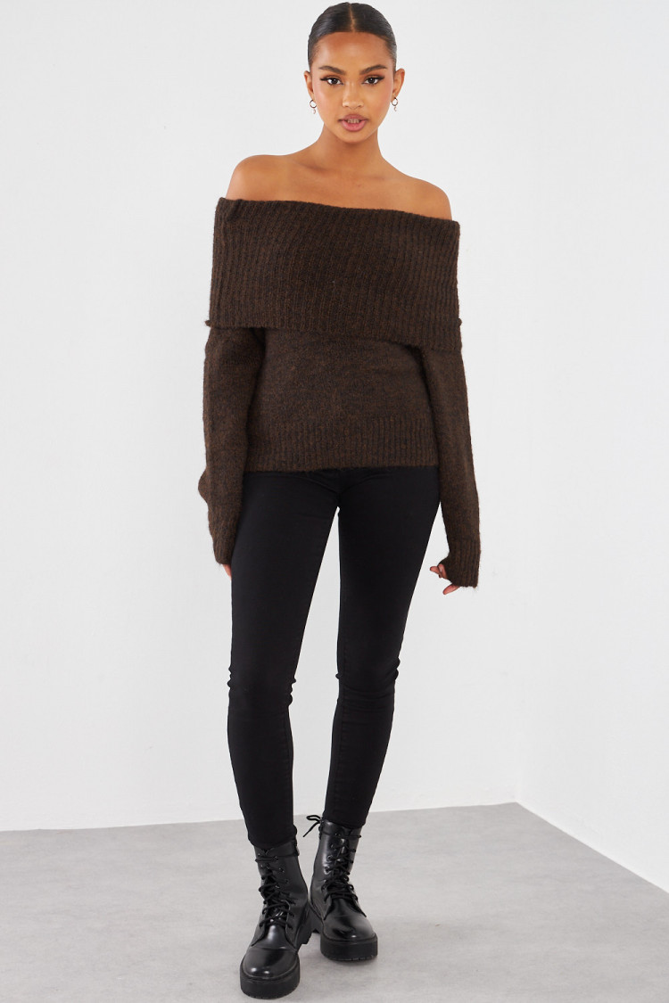 Pull col bateau en laine marron