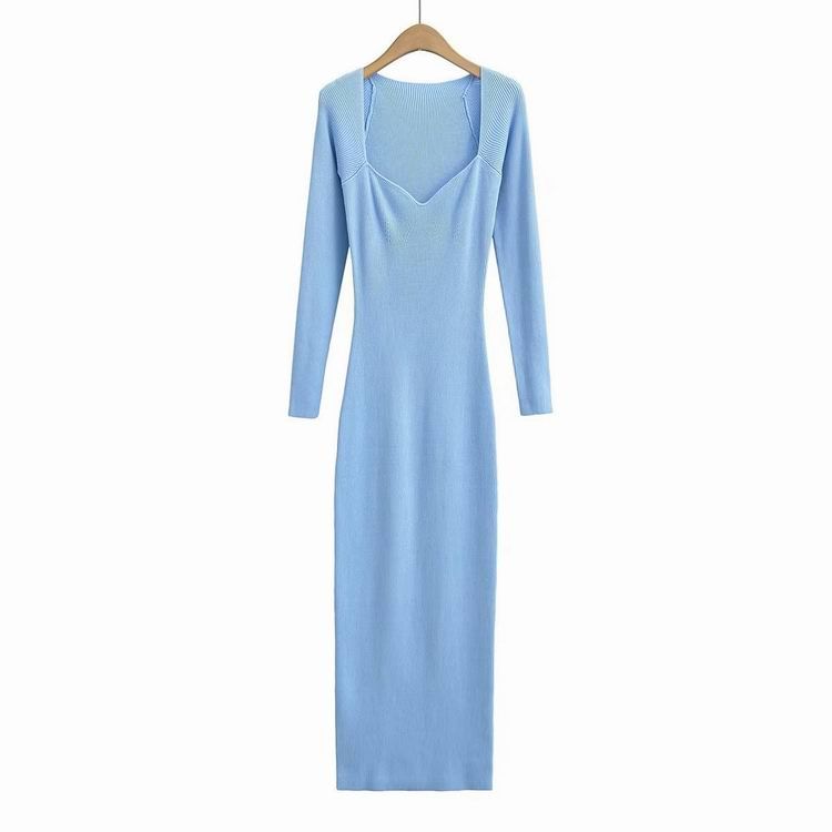 JOWI - Lange mouw V-hals effen midi-jurk