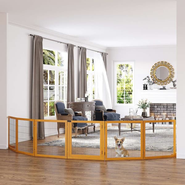 Hundesperre, justerbar sikkerhetsgrind med føtter, 432 x 70 cm hundegrind i tre, sammenleggbar trappegrind, hundesperre for trapp, dører, gang, 6 pane