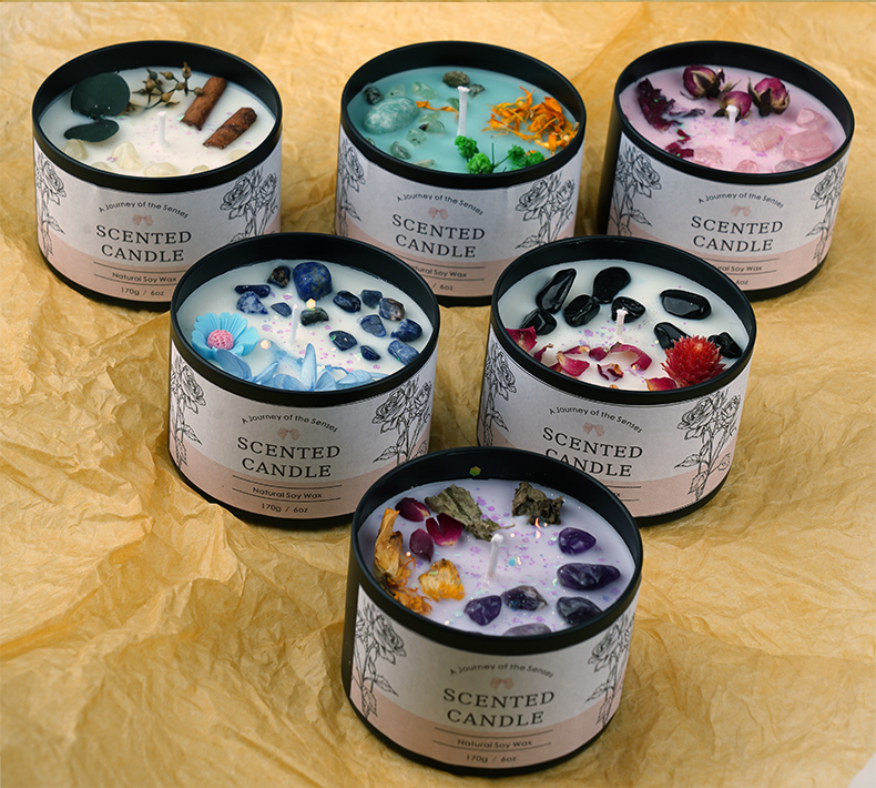 Duft Kerze in Dose Aromatherapie Sojawachs Kerze Home Deko Kristall Steine / Blumen - Apfel Zimt