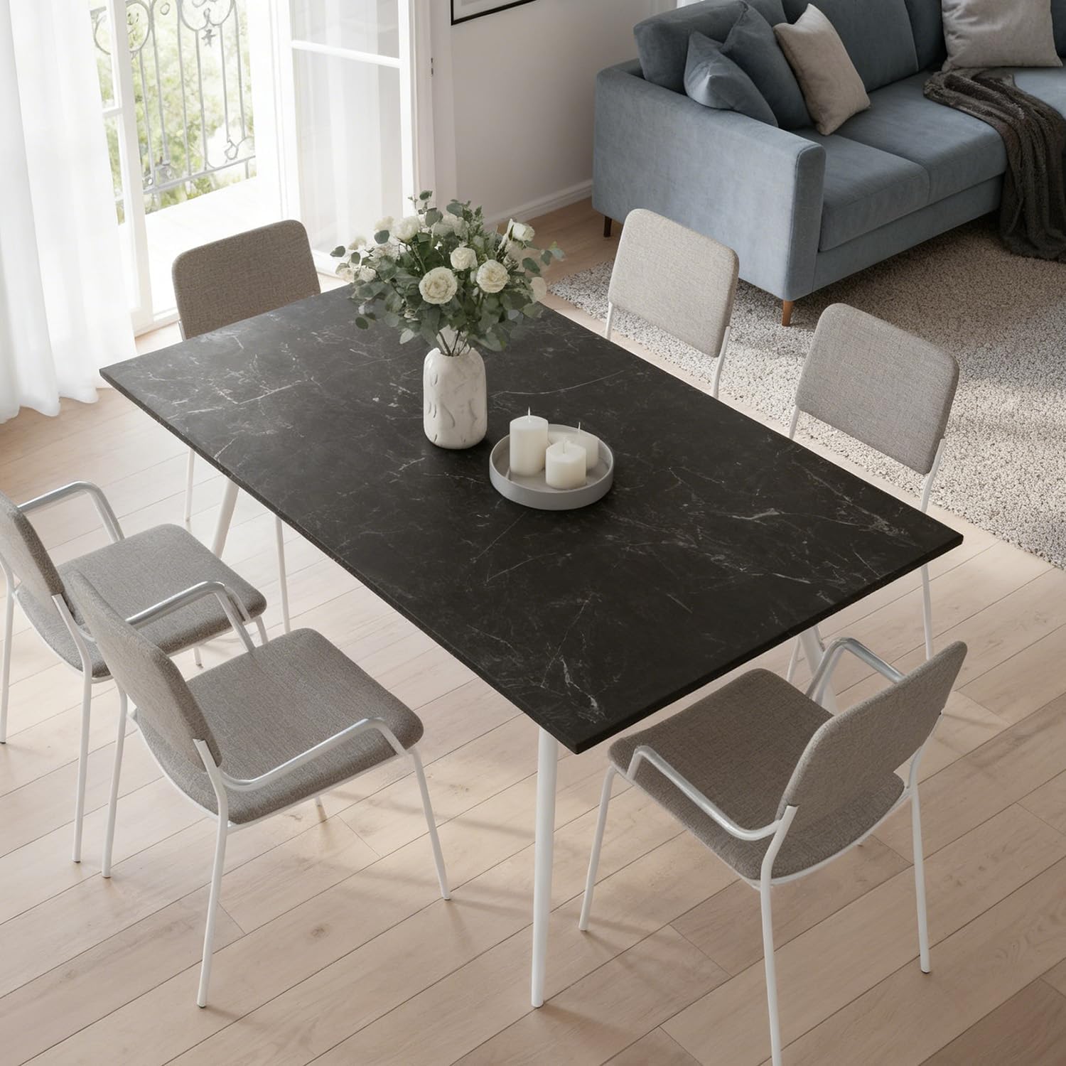 B&D home Esstisch LIO, ausziehbar 120-160 x 80 cm, 4-6 Personen Küchentisch Holztisch mit Metallgestell für Esszimmer, Küche, skandinavisch Design, Marmor Optik, 11219-120-FW-MSCH