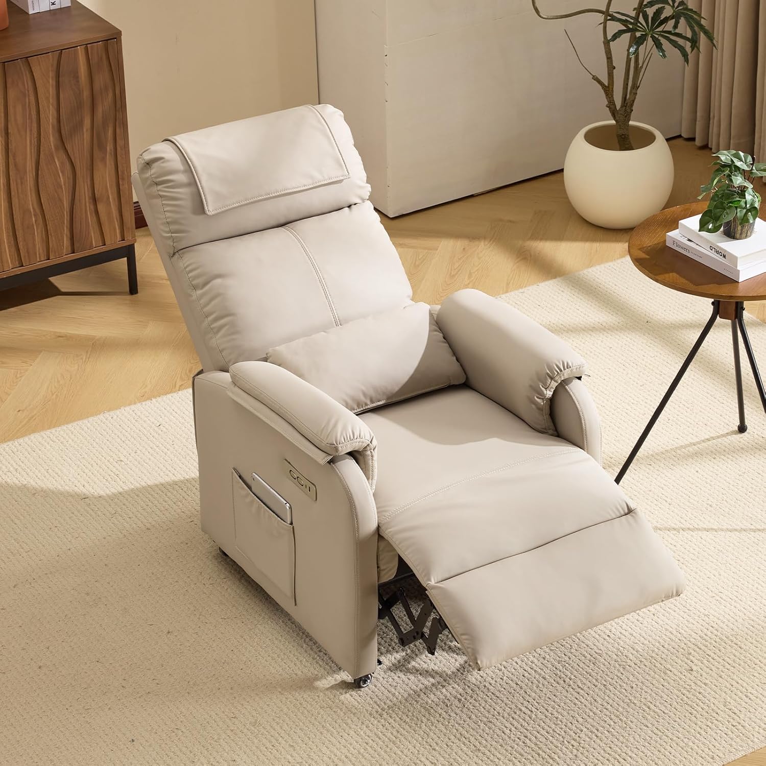 Bonnlo Relaxsessel, Fernsehsessel, Elektrisch Massagesessel mit Liegefunktion, TV Sessel, 2-Punkt-Massage & Wärmefunktion, USB-C & USB-A Anschlüsse, 1 Seitentasche, Kratzfestes Leder, Beige