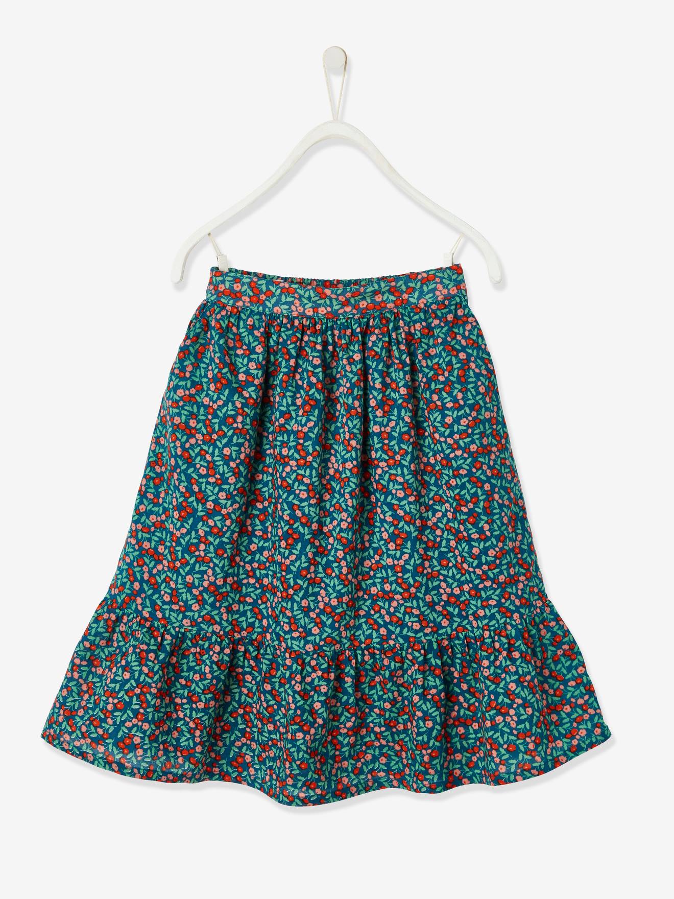 Saia longa com babado estampado em azul médio