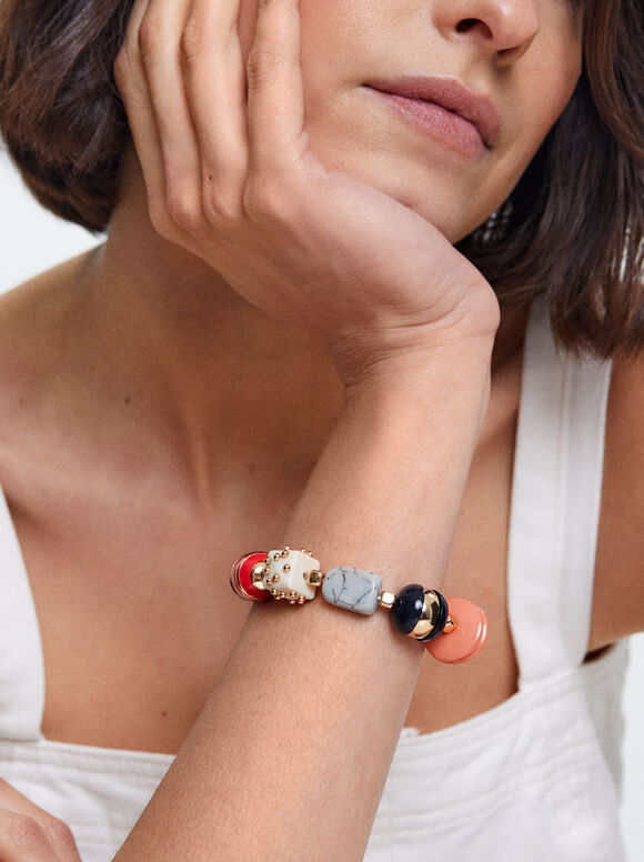 Pulseira elástica com pedra e resina - Multicolorida