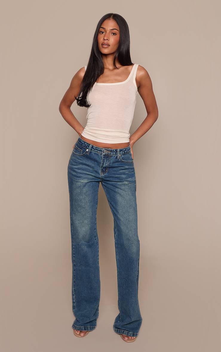 Dark Blue Wash Jean Évasé Tall À Détails De Poches Arrière