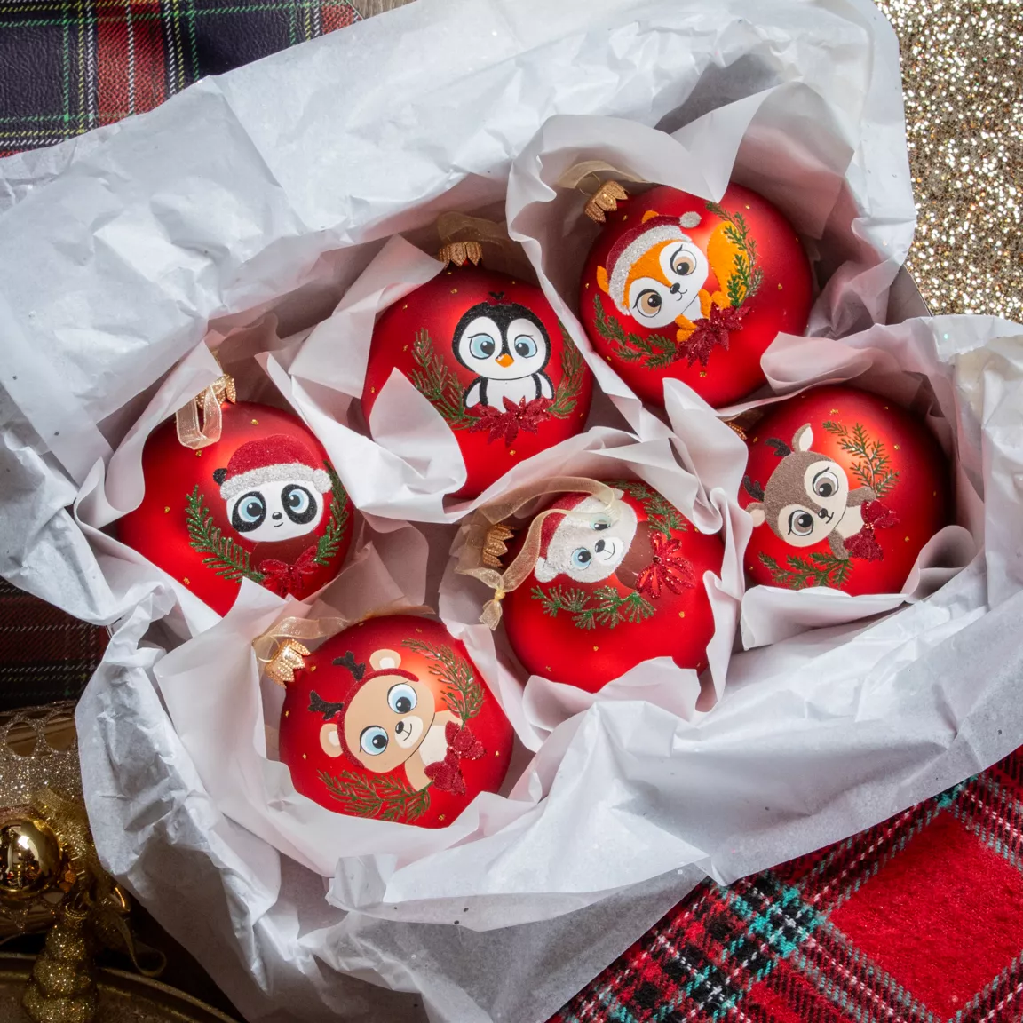 Lot de 6 boules de Noël en verre (D80 mm) Animaux Yeux de biche