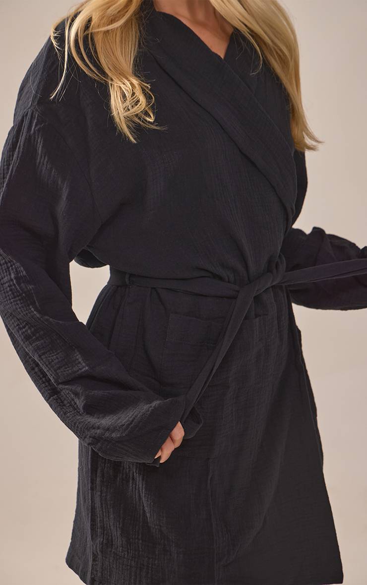 Noir Robe De Chambre Mi-longue En Gaze De Coton Avec Ceinture Nouée À La Taille