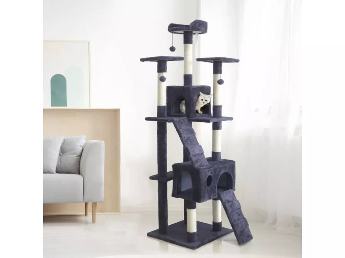 Arbre à chat 170 cm - Griffoir + 2 Cabanes - Gris