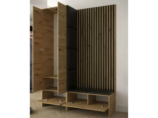 Meuble d'entrée Hartford 320, 206x145x44cm, Chêne Artisan|Noir, Tapisserie|Stratifié