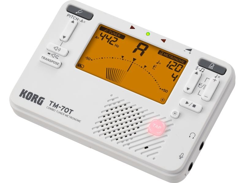 Korg Stimmgerät TM-70 Set Weiss Kombination aus Stimmgerät und Metronom in einem kompakten Gehäuse mit Kontaktmikrofon