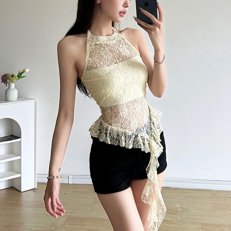Sugarcoat - Haltermockneck, effen, asymmetrisch, geplooid, open rug, kanten crop top