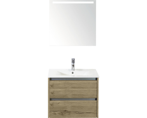Sanox Dante badkamermeubelset (B x H x D): 61 x 170 x 46 cm, fronten van natuurlijk eikenhout, met witte keramische wastafel en keramische spiegel met ledverlichting, wastafelmeubel
