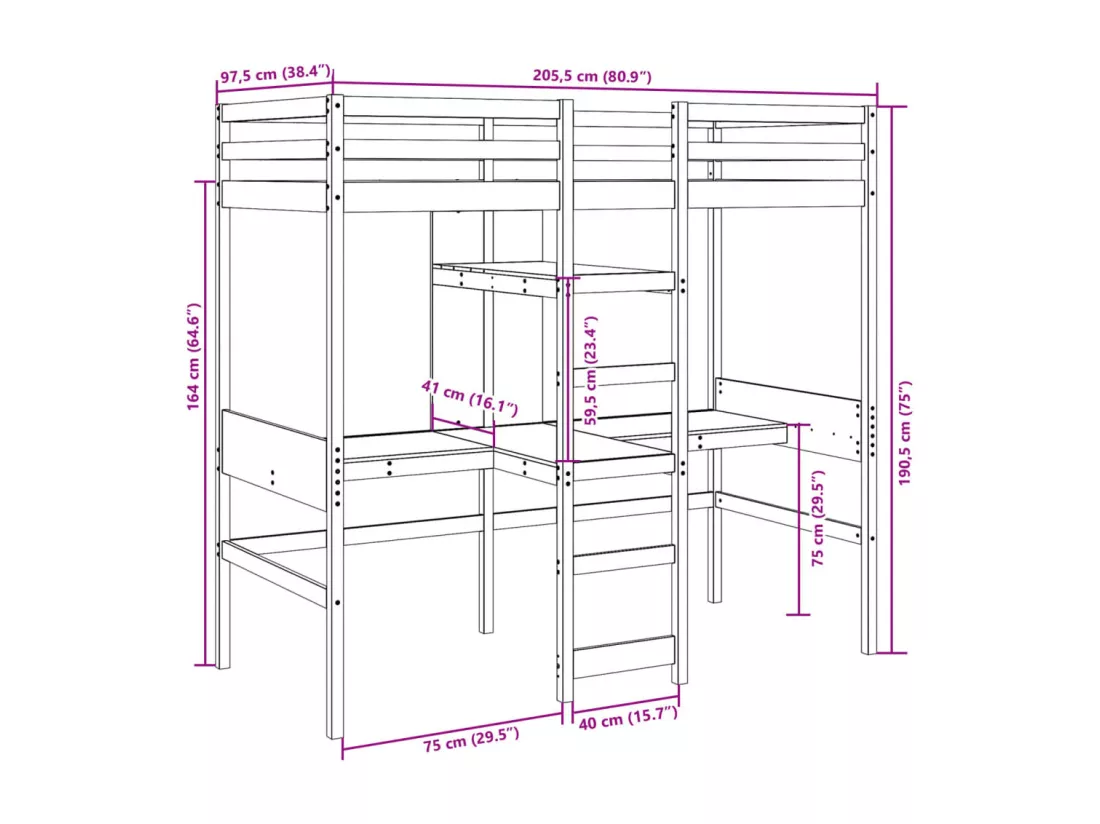 Lit mezzanine avec bureau et étagères blanc 90x200cm pin massif