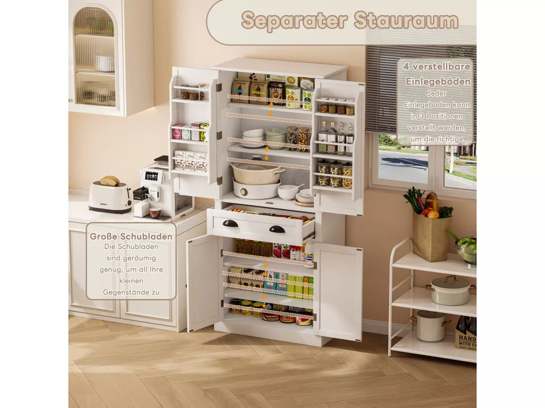 Buffet de cuisine avec 4 portes et 1 tiroir - 80 x 40 x 182 cm - étagères réglables - Bois MDF - Blanc