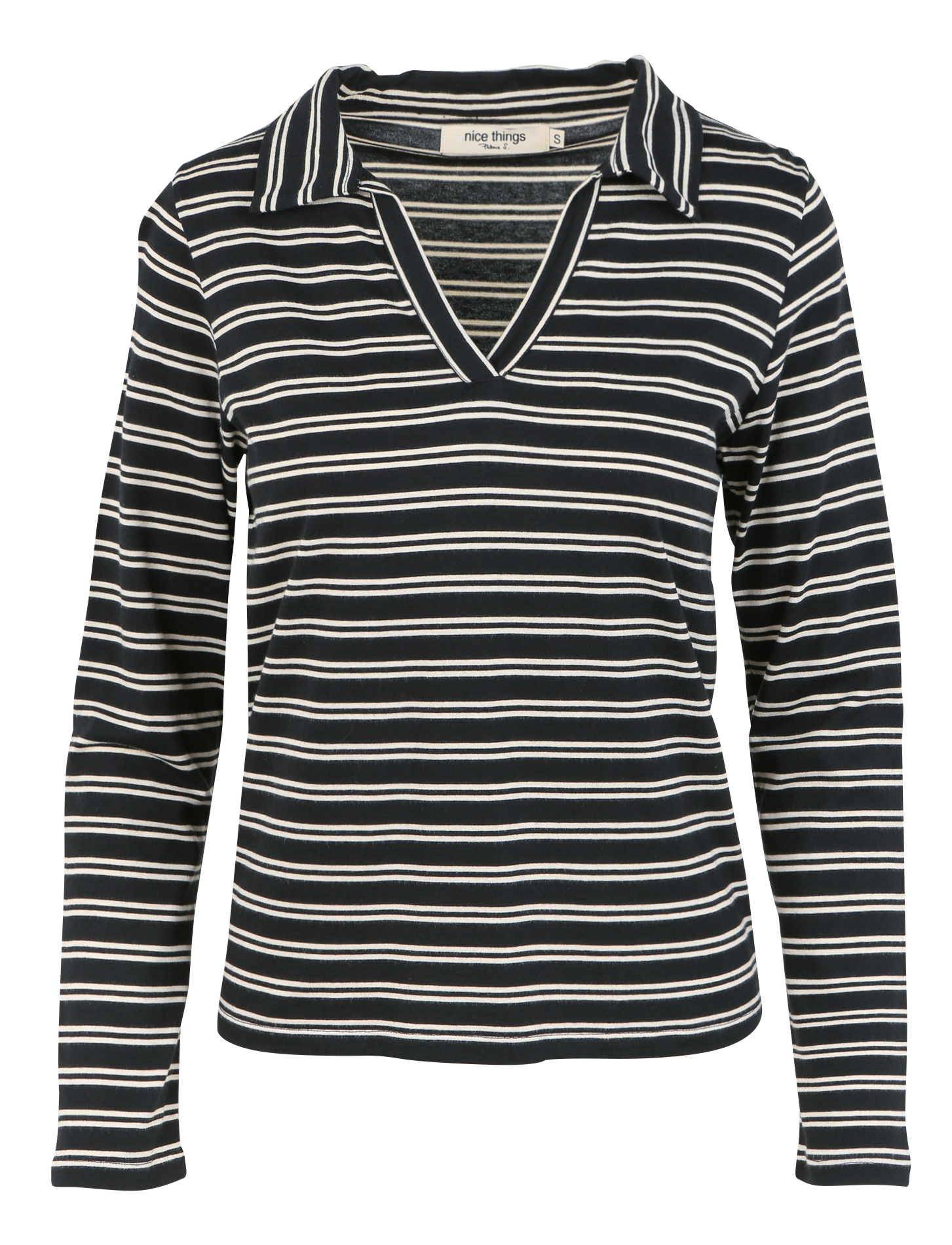 Tee-shirt col ouvert rayé en coton mélangé| Noir
